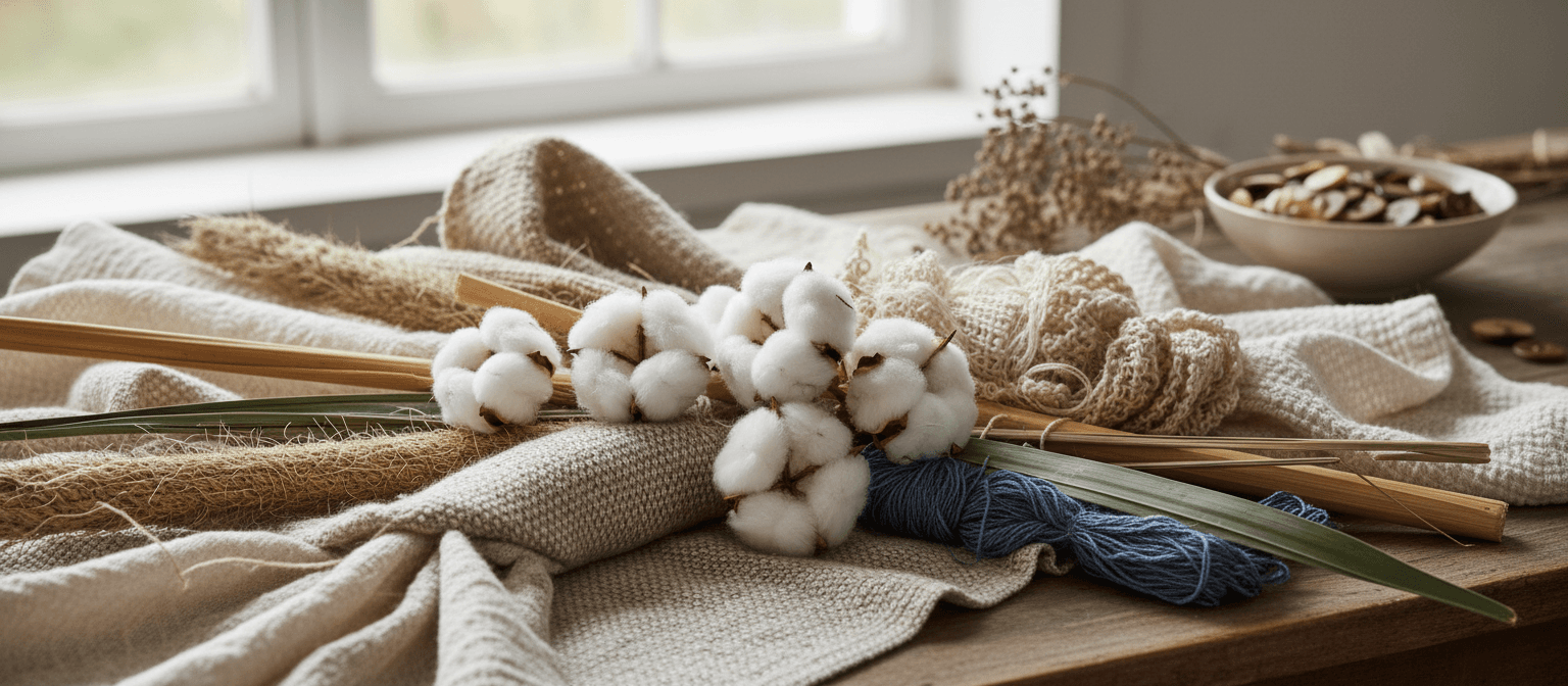 Cotton bolls, wool and natural fibre textiles on a wooden table